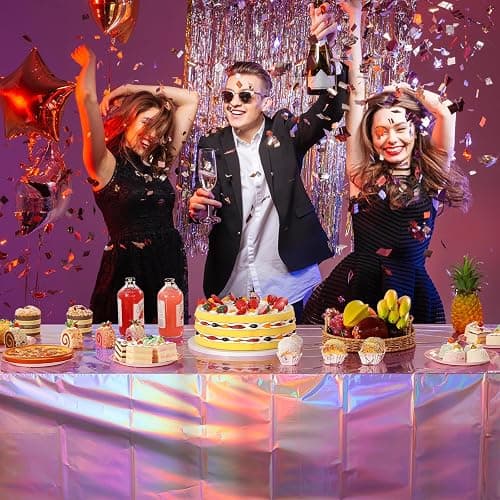 4 Pack Iridescent Pink Plastic Tablecloths, FunnyPars Shiny Disposable Laser Rectangle Table Covers, Holographic Foil Tablecloth Iridescent Party Decorations for Kpop Birthday Wedding Xmas, 54x108Inch thumbnail 7