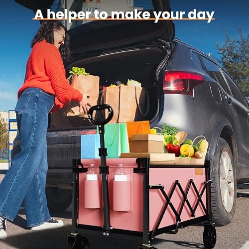 Uyittour Collapsible Wagon Cart Foldable with 220lbs Weight Capacity, Lightweight Portable Folding Grocery Shopping Cart with Wheels for Camping Sports Beach and Shopping, Pink - Pink - 90"L thumbnail 7