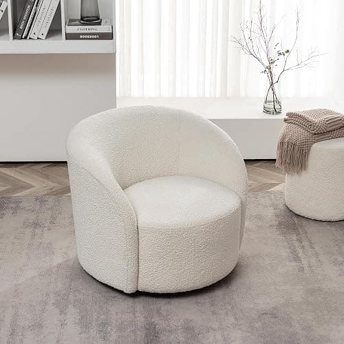 KINWELL 34" W Mid Century Modern Swivel Barrel Chair, Round Upholstered Boucle Swivel Accent Chairs, No Assembly Sofa Chair for Living Room Bedroom Reading Apartment Lounge Nursery(Cream) thumbnail 4