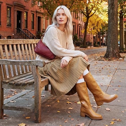 Women's Banana Knee High Boots Square Toe Chunky Block Heel Comfortable Low Heel Pull on Wide Calf Riding Long Boots for Women thumbnail 8