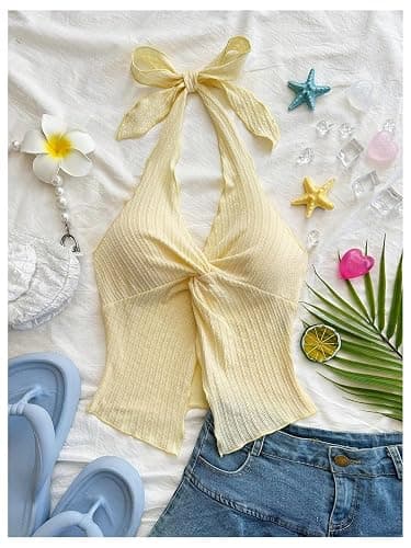 SHENHE Women's Twist Front Tie Halter Neck Split Hem Backless Summer Going Out Crop Top thumbnail 3