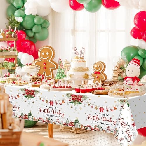 3 Pcs Christmas Baby Shower Tablecloth Christmas Baby Shower Decorations | 108x54 in, Disposable, Plastic, Waterproof, A Merry Little Baby Shower, Santa Baby Tablecloth thumbnail 5