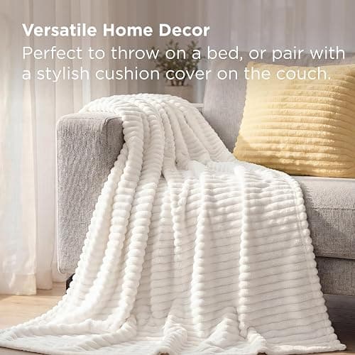 Bedsure Fleece Throw Blanket for Sofa - Fluffy Cosy Warm Blankets for Bed, Soft Cute Single Throw Gifts for Women and Girls, Off White, 130x170 cm thumbnail 2