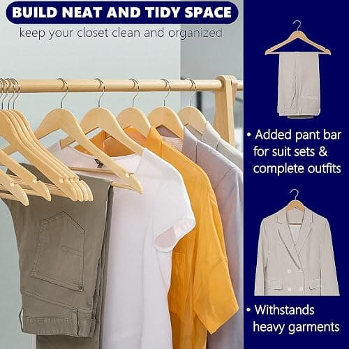 Amber Home 20 Pack Wooden Coat Hangers, Natural Wood Suit Hangers with Non Slip Pant Bar, Clothes Hangers for Shirts, Jackets, Dress, Pant (Natural, 20) thumbnail 5