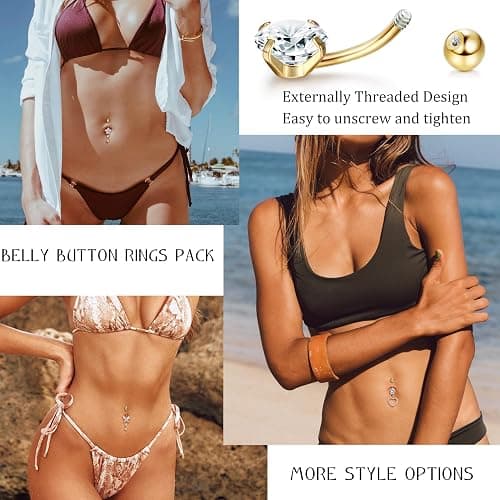 ZELORES 9/10PCS Surgical Stainless Steel Hypoallergenic Belly Button Rings with Extra Replacement Balls, Trendy Dangle Belly Button Piercing Jewelry for Women, 14G - Silver Plated/14K Gold Plated/Rose Gold Plated thumbnail 3