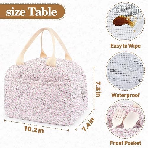 Cotton Quilted Insulated Lunch Bag, Cute Quilted Floral Lunch Tote Bags Reusable Insulated Lunch Box Coquette Aesthetic Large Capacity Insulated Cooler for Women Work Travel Picnic (Pink) - Pink thumbnail 3