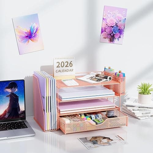gianotter Desk Organizers and Accessories with File Holder, 4-Tier Desk Accessories & Workspace Organizers with Drawer and 2 Pen Holder, Paper Organizer for Office Supplies (Rose Gold) thumbnail 7