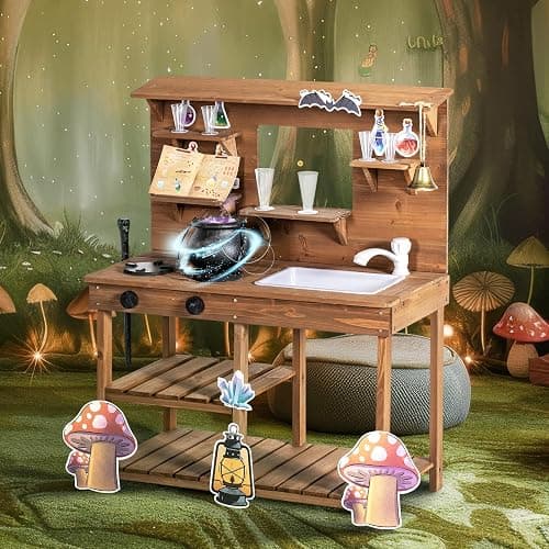 BRINJOY Mud Kitchen Playset for Kids, Wooden Magic Kitchen Set w/Wand, Recipe, Removable Sink, Faucet, Stove, Toddler Outdoor Pretend Play Kitchen, Witch Role Play, Fairy Potion, Gift for Boys Girls thumbnail 2