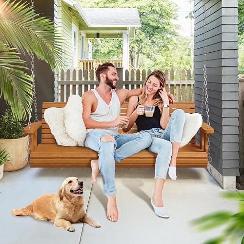 VINGLI 2026 Upgraded 5 FT Wooden Porch Swing, 880 LBS Heavy Duty, Brown | 2026 Upgraded Design; Heavy-Duty Wooden Swing; Supports 880 Lbs; Hanging Chains Included; Ideal For Garden, Patio & Yard thumbnail 2