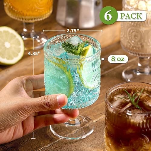 6 Packs Vintage Goblet Glasses, 8 oz Wine Glasses, Embossed Floral Glass Cups Set, Clear Drink Glasses, Drinking Goblets, Bar Tumbler Glassware for Iced Tea, Wine, Beer, Juice, Cocktail, Whiskey thumbnail 3