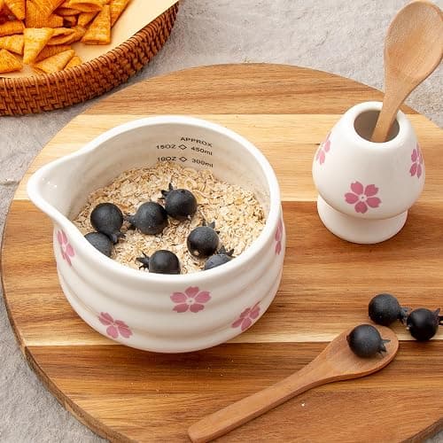 YumiPLUS 2pcs Matcha Bowl with Whisk Holder, Ceramic Cherry Blossom Matcha Bowl with Spout, 16.5OZ Porcelain Bowl with Measurement Marks,Tea Mixing Bowl with Whisk Stand, Matcha Gift (sakura) thumbnail 7