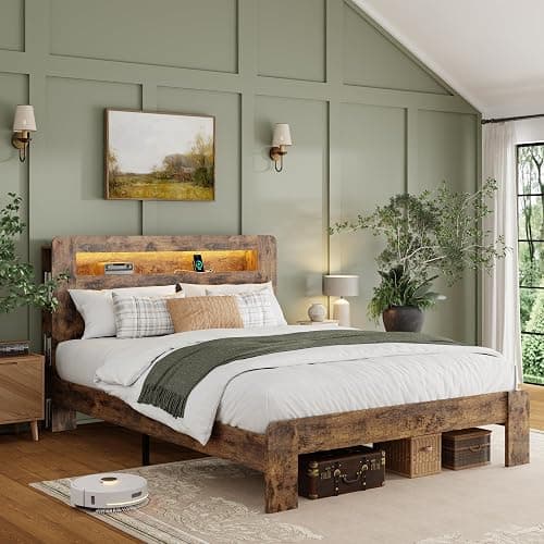 PAUKIN Full Size Wooden Bed Frame with Storage Headboard, Platform Bed Frame with Charging Station and LED Lights, Sturdy Slats, No Box Spring Required, Silent Operation, Easy to Assemble, Brown - Image 1