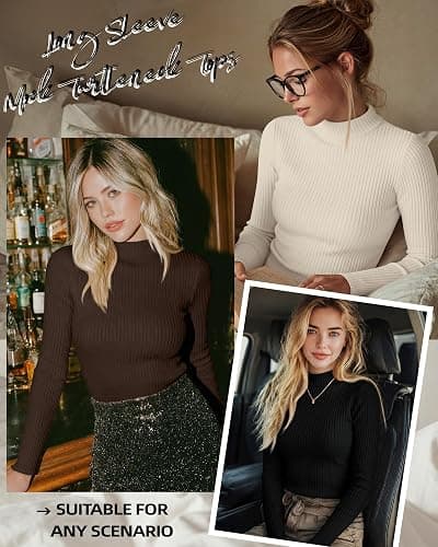 Riyiper 3 Pack Women's Ribbed Shirts, Mock Turtleneck Long Sleeve Tops Slim Fitted Undershirts Casual Basic Layering Tees thumbnail 4