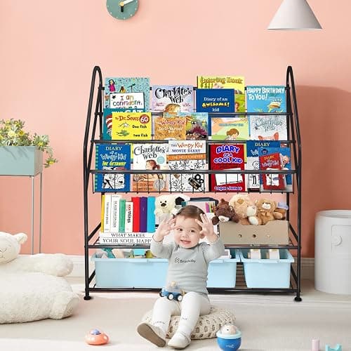 aboxoo Metal Kids Bookshelf Black Large Freestanding for Children Room 32 in Toy Organizer Large Stable Bookcase Bookstore Library Book Unit Storage Kids Bed Living Room thumbnail 5