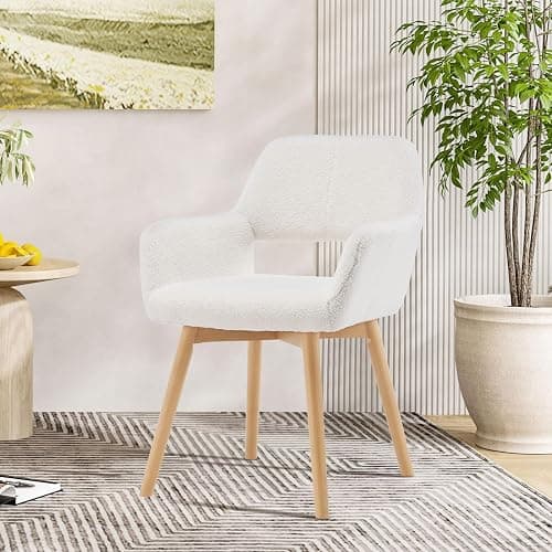 YEEFY Desk Chair No Wheels Vanity Chair Makeup Chair Comfy Accent Chair for Living Dining Room Bedroom Home Office Mid Century Modern Upholstered Armchair Sofa with Wood Legs (Wool White, 1) - Image 1