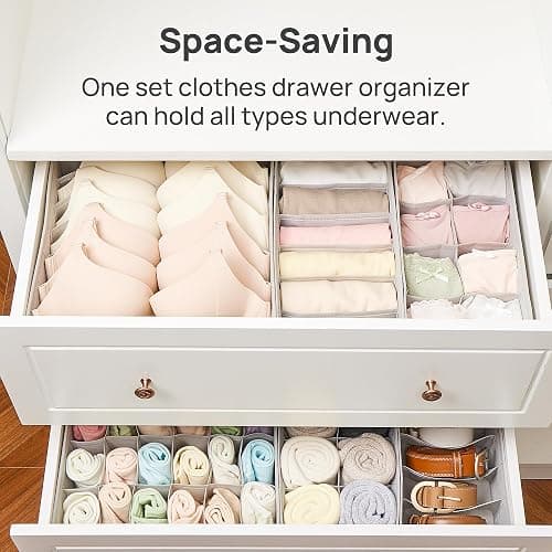 Vtopmart 4 Pack Underwear Drawer Organizers Set, 6+7+8+24 Cells Clothes Drawer Dividers Dresser Organizers Bins for Socks, Bras, Scarves, Ties, Non-Woven Fabric Storage Boxes for Closet, Nursery thumbnail 3
