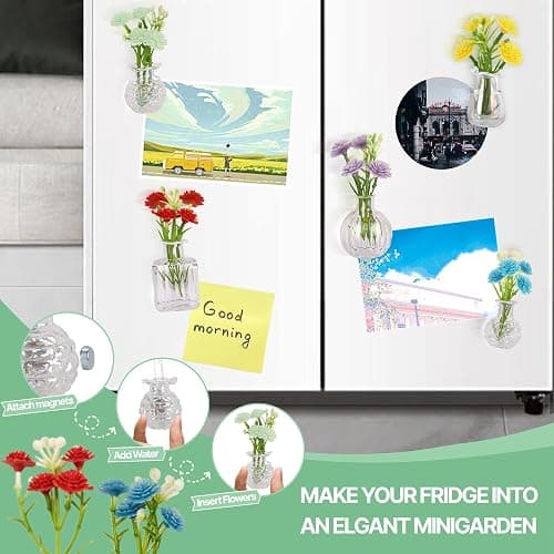 Cute Mini Vase Magnets for Fridge, Tiny Plant Glass Vases with Flowers, Magnetic Refrigerator Decor for Kitchen, Office, Locker (5 Pack) thumbnail 7