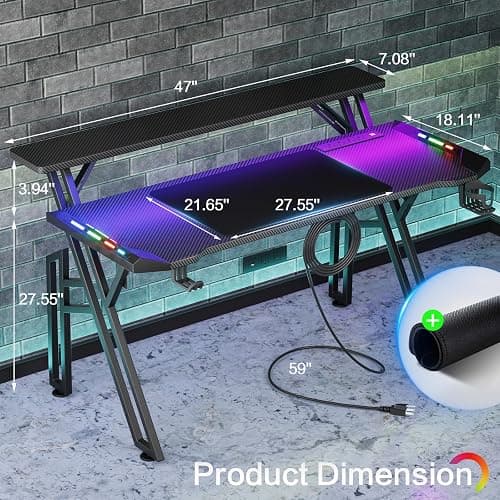 Czlolo 47 Inch Gaming Desk with Led Lights & Power Outlets & USB Ports, Upgraded Integrated Monitor Stand Computer Desk, Gaming Table for Small Space, Black Carbon Fiber Surface Gamer Desk thumbnail 2