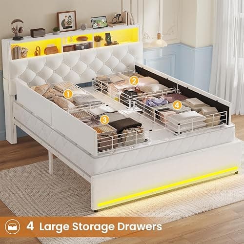 HAUOMS Full Size Bed Frame with Bookcase Headboard,LED Bed Frame with Charging Station, 4 Storage Drawer, Modern Velvet Upholstered Platform Bed with 5 Shelf, No Box Spring Needed, Creamy White thumbnail 4