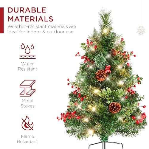 Best Choice Products Set of 2 24.5in Outdoor Pathway Christmas Trees, Battery Operated Pre-Lit Holiday Décor w/LED Lights, Red Berries, Pine Cones - Green W/Berries - 24.5in thumbnail 4