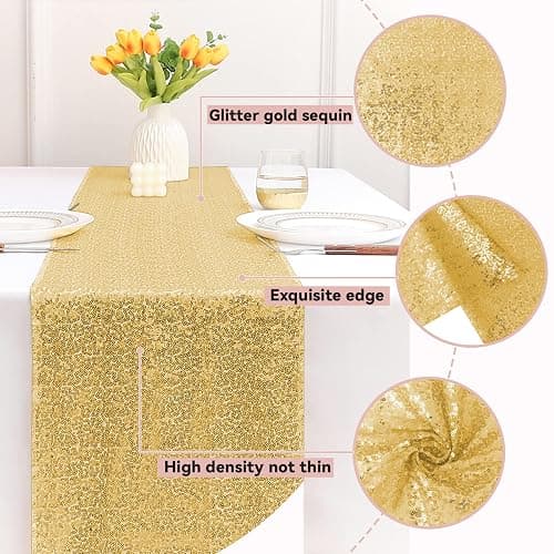 Sugargirl 10 Packs 12 x 72 inches Sequin Table Runner, Glitter Gold Table Runner for Birthday Party Supplies Wedding Holiday Celebration Event Decorations thumbnail 4