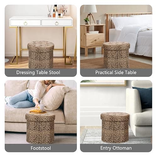 AmasSmile Storage Ottoman Folding Foot Rest Stool, 14x14x13 inch Small Velvet Footstool Bench, Short Ottoman Bench, Storage Foot Rest Store, Blanket Chest, Leopard Print thumbnail 4