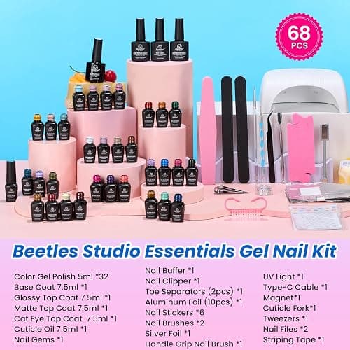 Beetles Deal Box Gel Nail Polish Kit with U V Light - 32 Colors Studio Essentials Gel Polish 68 Pcs Nail Kit with TPO & HEMA Free Base Coat Cat Eye Top Coat Home Salon DIY Nails Tools Gifts for Women thumbnail 3