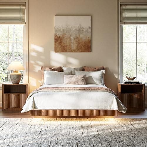 Evermagin Walnut Queen Floating Bed Frame with led Lights, Fluted Platform Bed No Headboard, Heavy Duty Mid Century Modern Float Metal Bedframe, No Box Spring Needed (Walnut, Queen-10in high) thumbnail 4