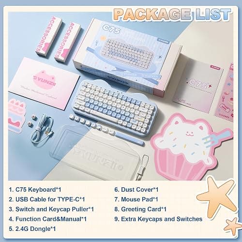 YUNZII C75 75% RGB Kabelloses Mechanisch Gaming Tastatur, BT5.0/2.4G/USB-C Creamy Tastatur Hot Swap NKRO,Niedliche Tastenkappen Gasket Mount mit Süße Kuchen für PC/Mac/Gaming (Blau, Milk V2 Switch) thumbnail 9