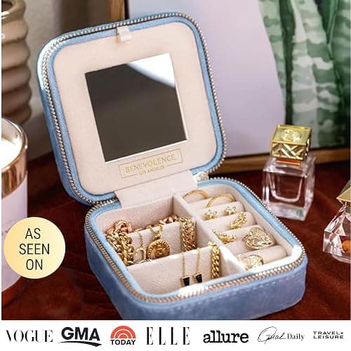 Benevolence LA Plush Velvet Jewelry Box | Travel Jewelry Case Organizer with Mirror | Featured in Oprah's Favorite Things | Best Gifts For Daughter, Girlfriend, Mom | Gifts For Her - Periwinkle Blue thumbnail 6