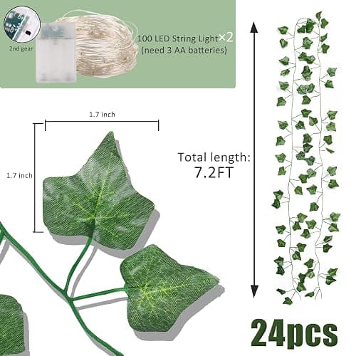 RECUTMS 24 Pack 172Ft Fake Ivy Vines with String Lights for Room Decor | Artificial Vines with 200 LEDs String Light Hanging Leaf Greenery Garland Plants for Wall Room Garden Office Wedding Decor thumbnail 3