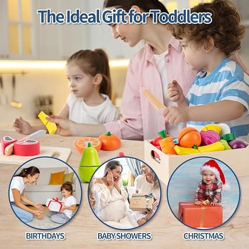 32 Pcs Wooden Play Food Sets for Kids Kitchen Accessories, Montessori Educational Toys Food, Pretend Play Food for Toddlers, Velcro Fruits and Vegetables Cutting Set for Kids Boys Girls thumbnail 7