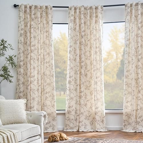 Lazzzy Farmhouse Linen Taupe Floral Curtains 96 Inch Long Back Tab Drapes for Living Room Bedroom Light Filtering Country Vintage Rod Pocket, 2 Panels, Taupe on Beige thumbnail 6