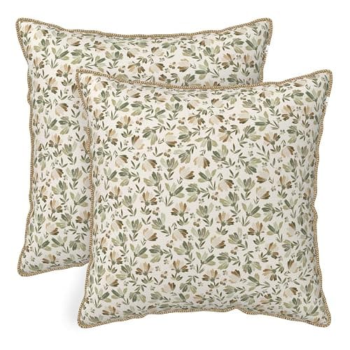 KSLIDS Sage Green Beige Floral Soft Velvet Throw Pillow Covers Set of 2 Vintage Brown Flower Decorative Pillow Covers 18x18 Inch Rustic Pillow Case for Sofa Couch Bedroom Farmhouse Home Decor - Image 1