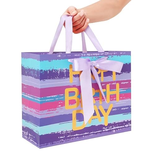 13" Large Purple-blue Multicolor Watercolor Gift Bag Set with Greeting Card and Lavender Tissue Papers (Gold Foil ‘Happy Birthday’) for Women's or Men's Birthday Party, Girls', Boys' or Kids' Party, thumbnail 6