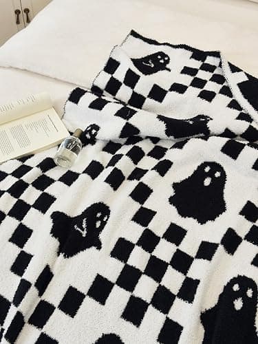 Ultra Soft Cozy Checkered Ghost Halloween Knitted Throw Blanket Fluffy Microfiber Checkerboard Bed Blanket Lightweight Both Sides Throw Blanket for Couch Sofa Bed 50"X60"Black¡­ thumbnail 5