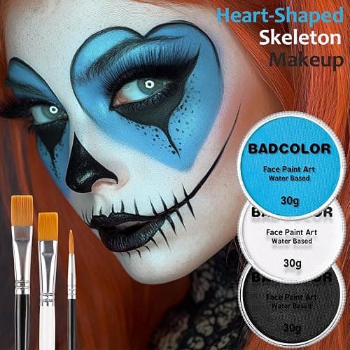 White Black & Light Blue Sally Makeup Face Body Paint, Corpse Bride Face Painting Kit with Painting Brushes for Halloween, Water Based Face Paints for Smurf Avatar Mermaid & Demon SFX Costume Make-Up thumbnail 5