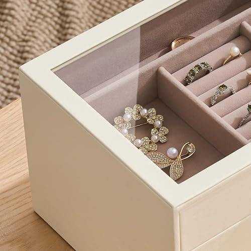 pickpiff Jewelry Box Organizer Case for Women: 3-Layer Jewelry Storage Case with Glass Window, Ivory Leather with Pink Velvet, Holder for Ring Necklace Bracelet Brooch Watch, Great Gift for Her thumbnail 8