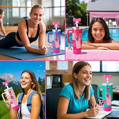 AIERSA 9PCS Cup Accessories Set for Stanley Cup 30oz 40oz Tumbler with Handle, Including Bow Straw Topper Cover Cap and Boot, Spill Proof Stopper, Initials Letter Charms for Handle, Pink Keychain (K) thumbnail 7