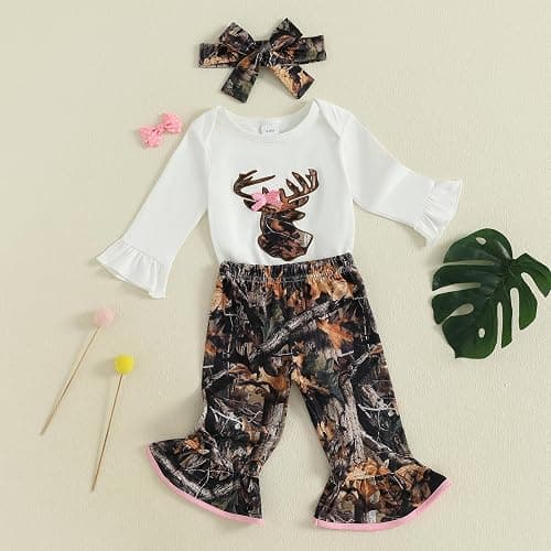 DSOKUHIB Newborn Baby Girl Hunting Clothes Deer Long Sleeve Romper Jungle Camo Flare Pants Set 3 Piece Fall Winter Outfit thumbnail 2