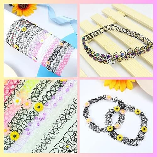 BodyJ4You 12PC Tattoo Choker Necklace for Women - 90s Choker Necklaces Y2K Fashion Trendy Vintage - Emo Black Choker Rainbow Pink White Purple Neon Green Blue Daisy Flower thumbnail 4