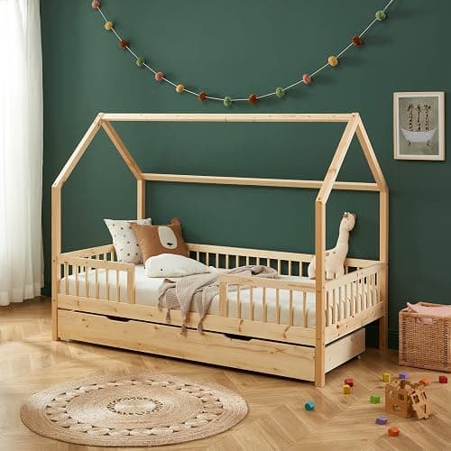 BAÏTA Lit enfent cabane Tiny pin Massif 90x190 sommier + tiroir Inclus - Avec tiroir - 90x190 - Naturel thumbnail 2
