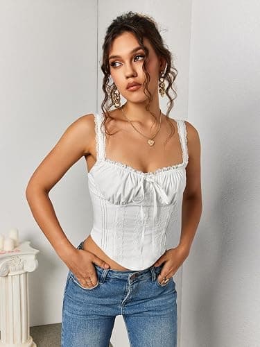 KUTUMAI Lace Corset Top Y2K Cute Square Neck Bustier Going Out Tank Crop Tops for Women Trendy Summer - Medium - White thumbnail 6