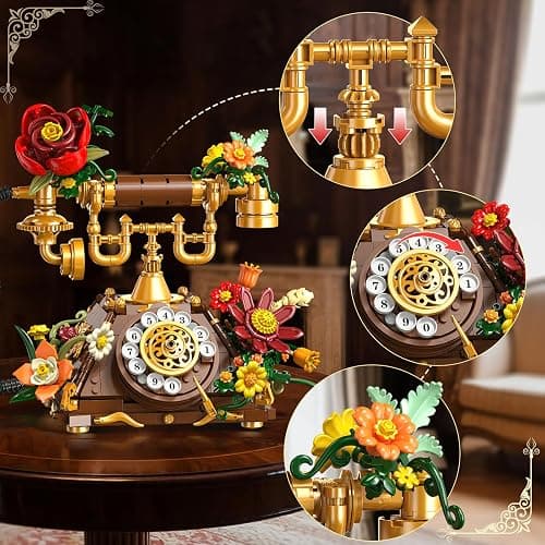 PLAXSOON Flowers Retro Telephone Clock Building Set, 2 in 1 Collectible Vintage Phone Model Building Block Kit with Realistic Design, 882 PCS Home Office Decor, Gift for Adults Teens Girls Boys 12+ thumbnail 6