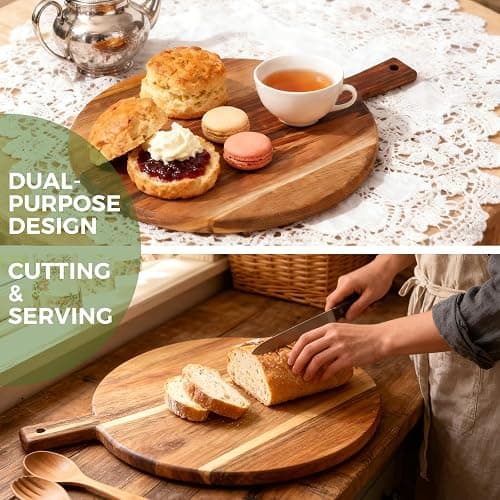 S310 Acacia Wood Round Cutting Board with Handle, Wooden Chopping Board for Meat, Cheese, Bread & Vegetables, Decorative Charcuterie Serving Board for Kitchen Cooking, Pizza & Party Dining, 17"x13" thumbnail 6