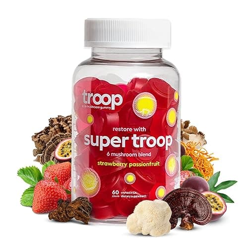 Troop Daily Super 6 Mushroom Blend for Immunity, Vitality, Mood, Balance, Gut Health, Energy - Restorative Supplement with Triple Extracted Fruit Body Blend - Vegan, Delicious Gummies, 60 Count - Image 1