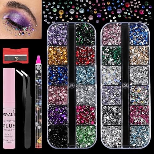 Canvalite 7000Pcs Flat Back Rhinestones Kit – Colorful Face Gems & Nail Art Rhinestones with Multi Shape Crystal Gems (Heart Star), Quick Dry Makeup Glue, Wax Pen, Tweezers for Face Nail Craft - Image 1