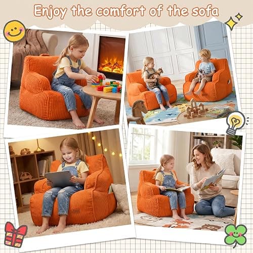 UODERS Bean Bag Chairs for Kids, Kids Bean Bag with Side Pocket-BurntOrange | Safe non-slip base, side pocket for toys, lightweight for girls & boys, breathable corduroy for all seasons, top handle thumbnail 6