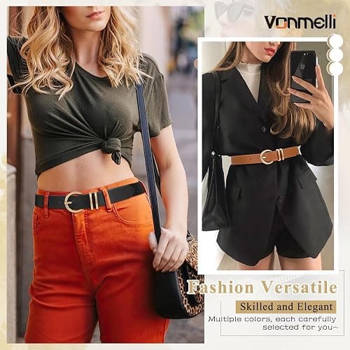 VONMELLI 2 Pack Women's Leather Belts for Jeans Dresses Fashion Gold Buckle Ladies Belt thumbnail 4