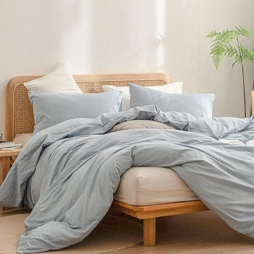 BESTOUCH Duvet Cover Set 100% Washed Cotton Linen Feel Super Soft Comfortable Chic Lightweight 2 PCs Home Bedding Set Solid Cornflower Blue Twin/Twin XL thumbnail 4